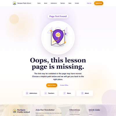 Creative 404 error page design for school HTML website template