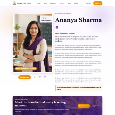 Teacher profile details page design for education and school website template