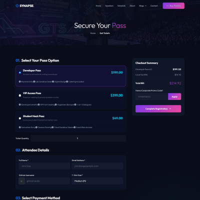 Buy AI conference and technology event tickets page design