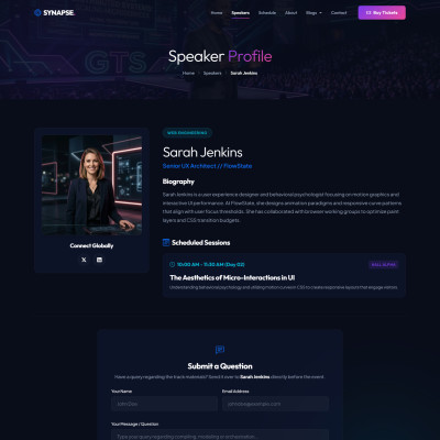 AI conference speaker profile and session details page