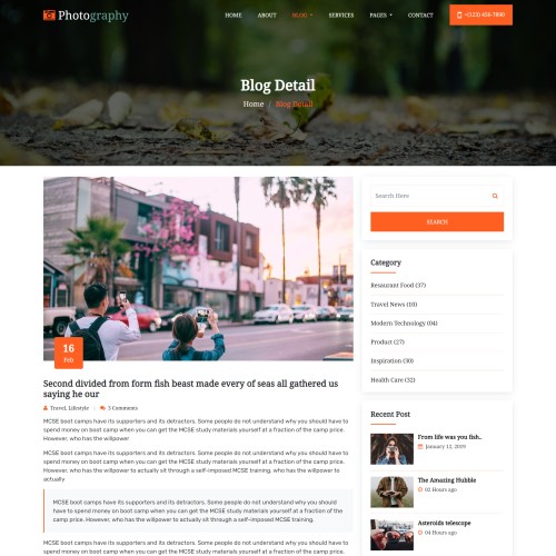 Photography blog detail a site template page