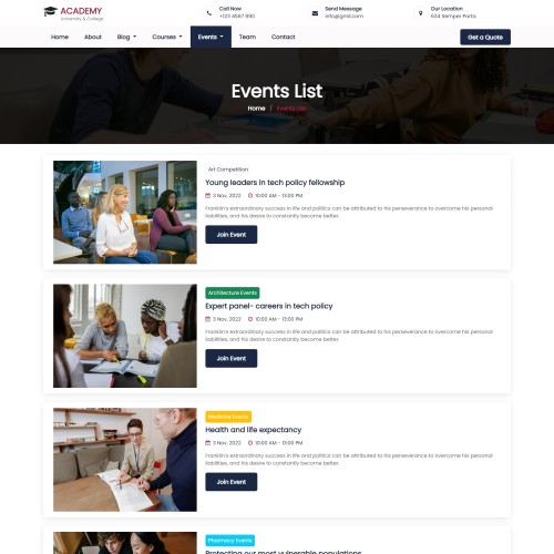 Upcoming academic events listing responsive html