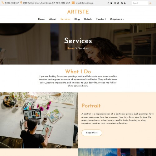 Art school services page in bootstrap