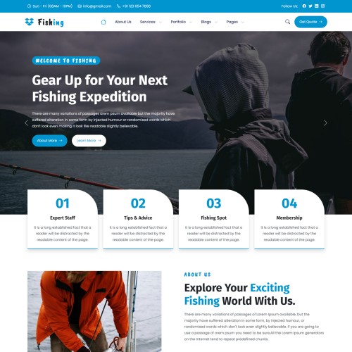 Fishing club home page featuring anglers and a scenic lake background