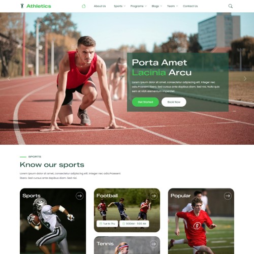 Responsive athletics club homepage design with athlete highlights