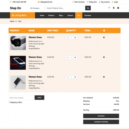 Selected cart products responsive web design