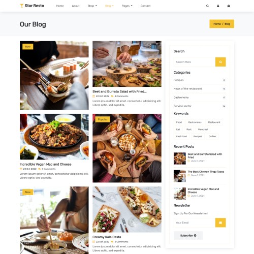 Food and beverage website template blog page