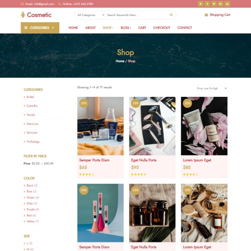 eCommerce cosmetic products listing page HTML