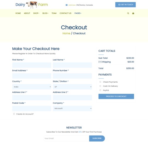 Dairy milk products selling checkout page