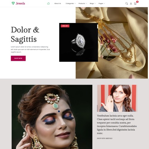 Jewelry selling website template home page with elegant banner and featured products