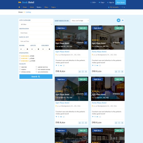 Lodging rooms list responsive web page