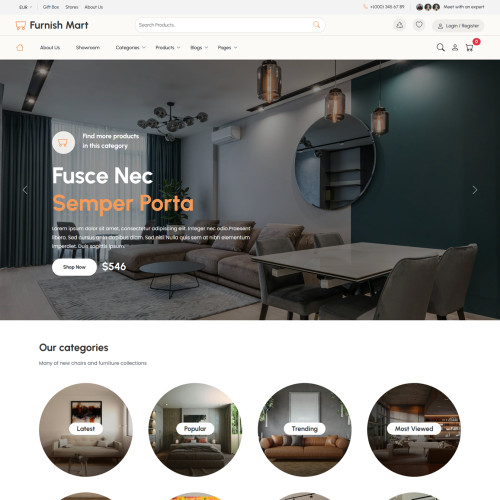 Online Furniture Shop Website Template homepage showcasing modern furniture collections, product categories, shopping cart, and responsive eCommerce design