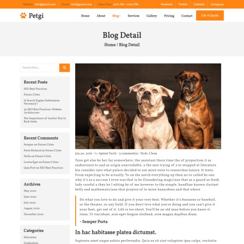 Pet care blog details web page design