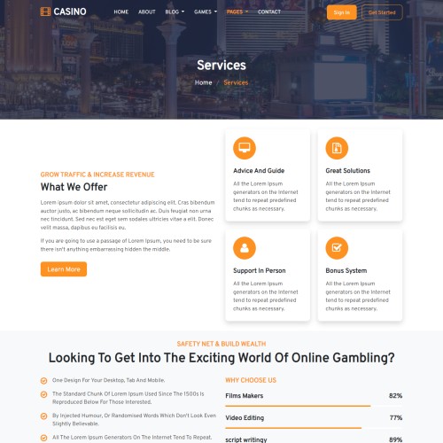 Online casino entertainment services web page