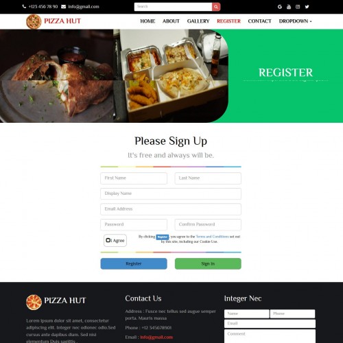 Online pizza order website template registration page