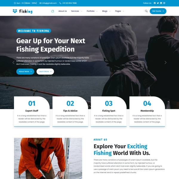Fishing club home page featuring anglers and a scenic lake background