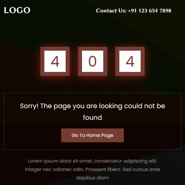 Black themed 404 error page with modern layout