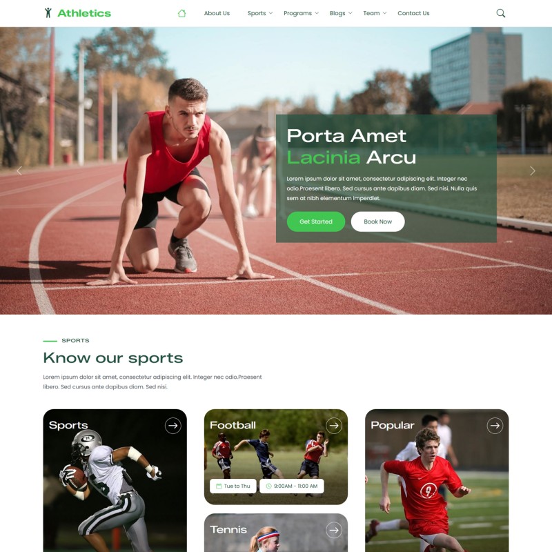 Responsive athletics club homepage design with athlete highlights