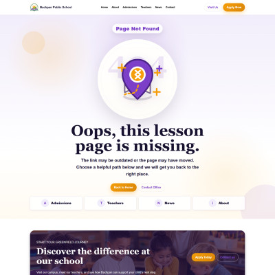 Custom 404 page design in Bachpan School WordPress theme