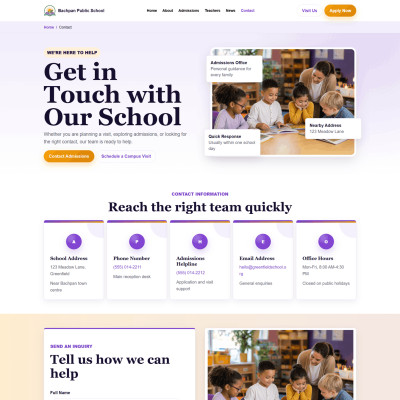 Contact page with inquiry form in Bachpan School WordPress theme