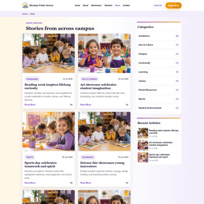 School news and blog listing page in Bachpan School WordPress theme