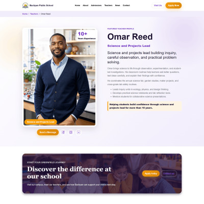 Teacher profile page design in Bachpan School WordPress theme