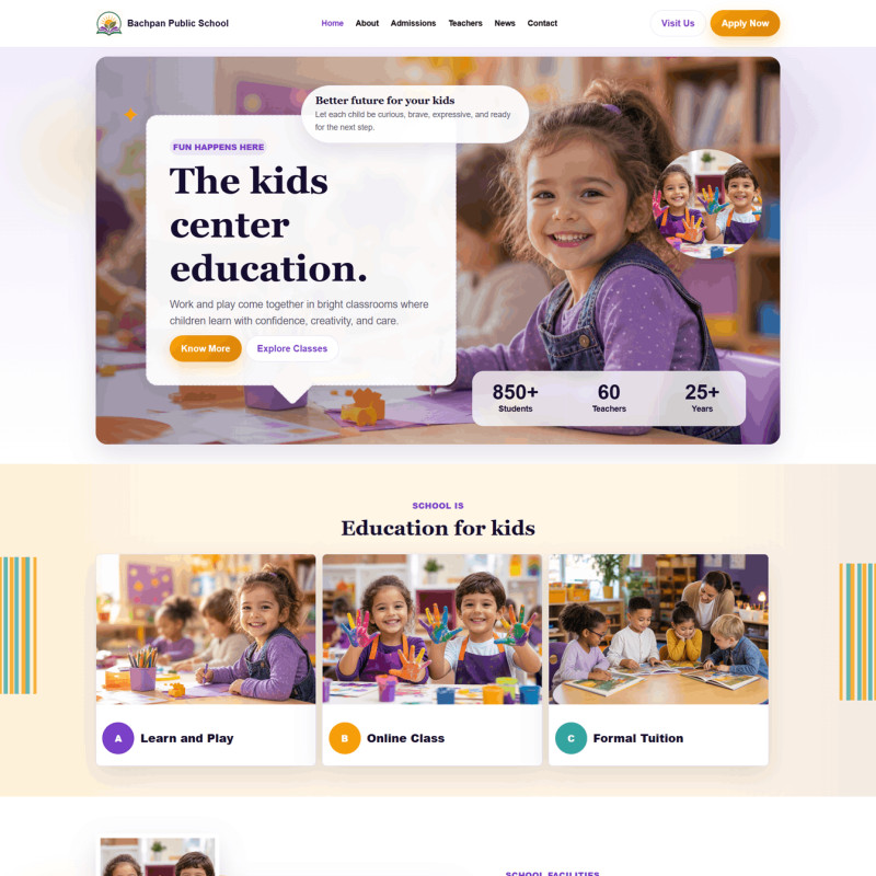 Bachpan School WordPress theme homepage design for education websites