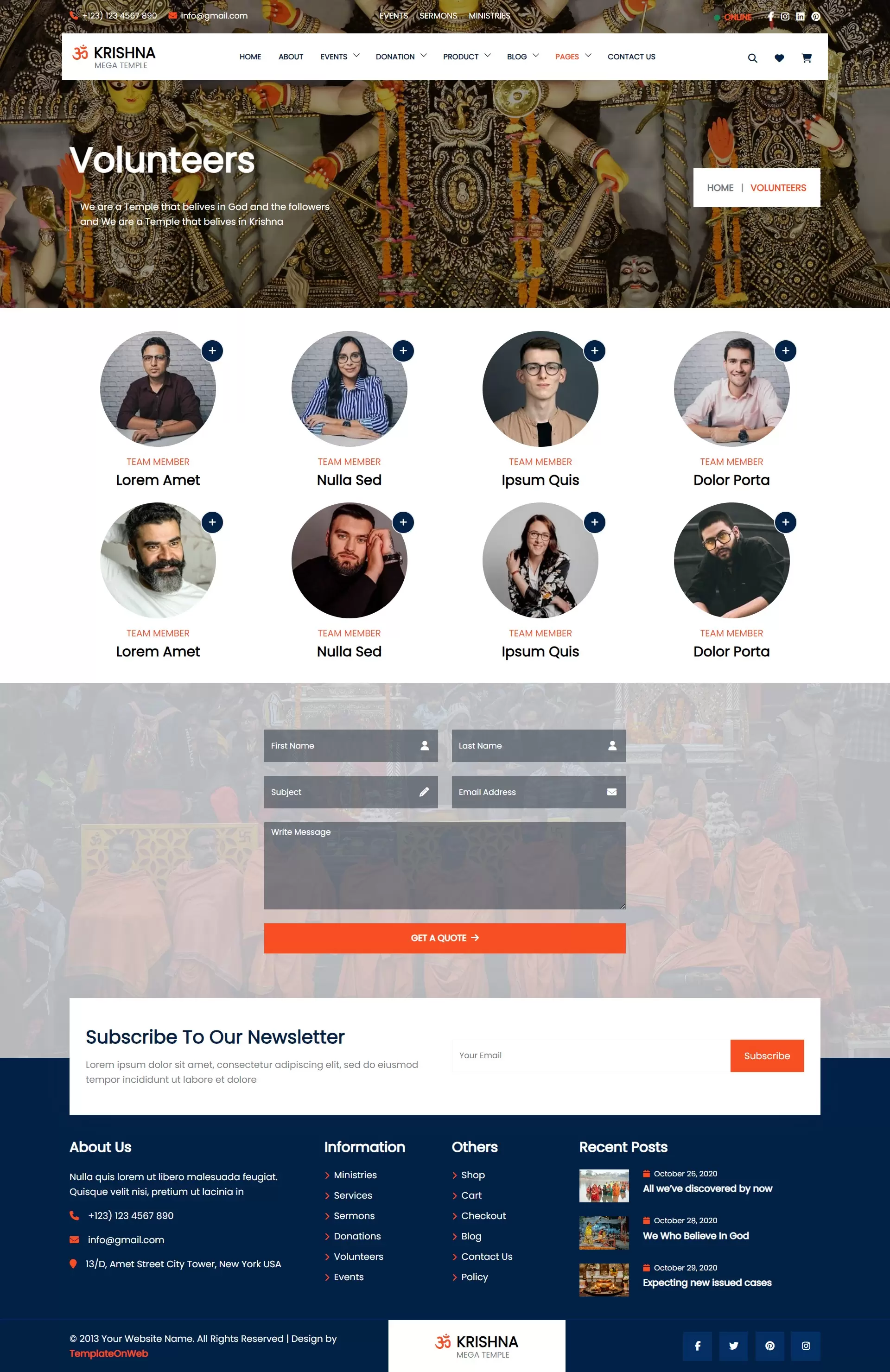 Hindu mandir wordpress theme volunteers listing page