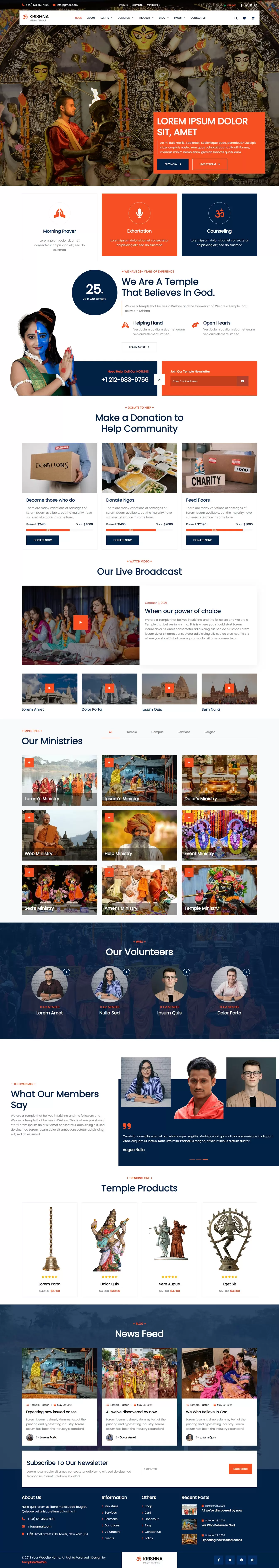Hindu temple wordpress theme home page screen