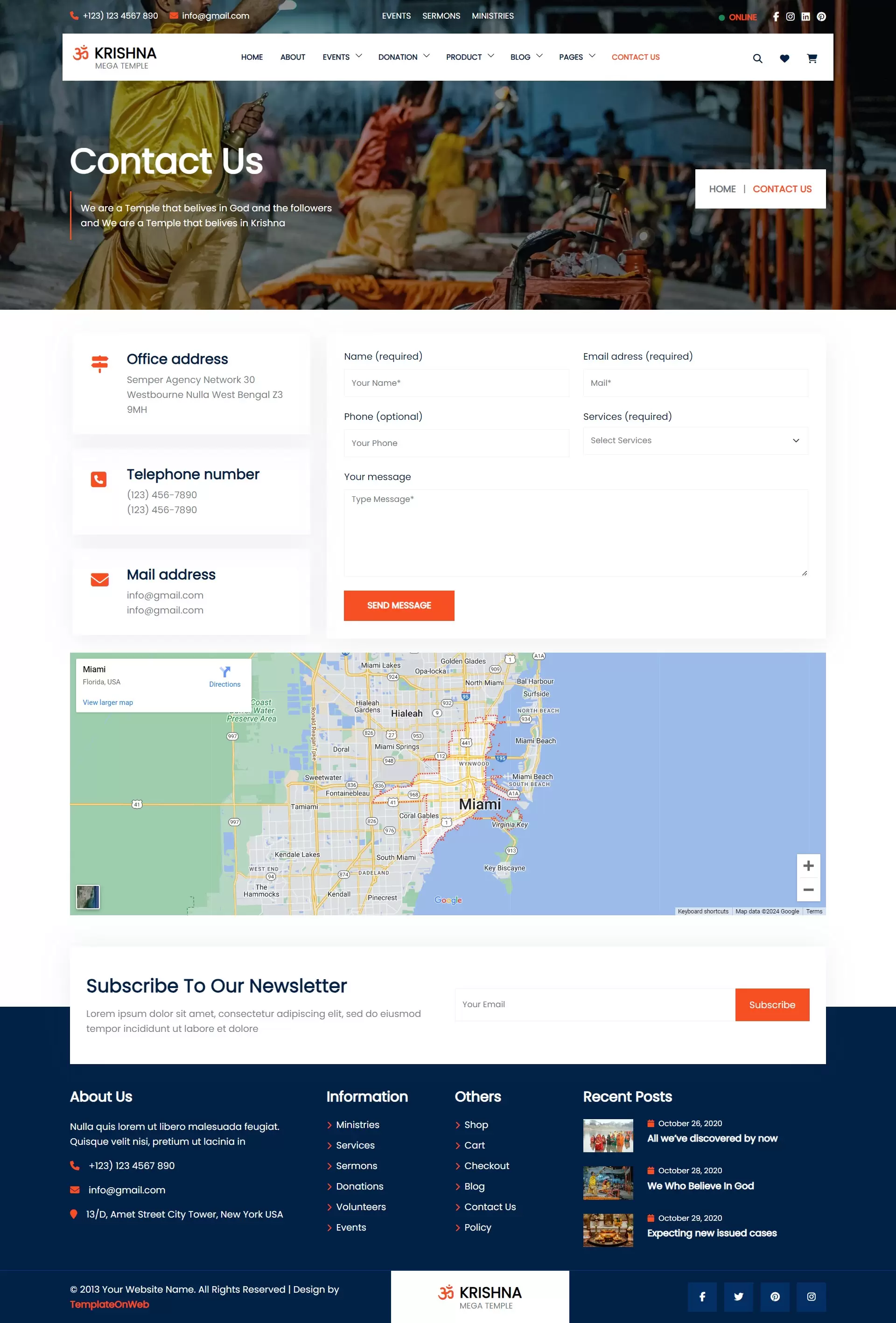 Hindu temple wordpress theme contactus page