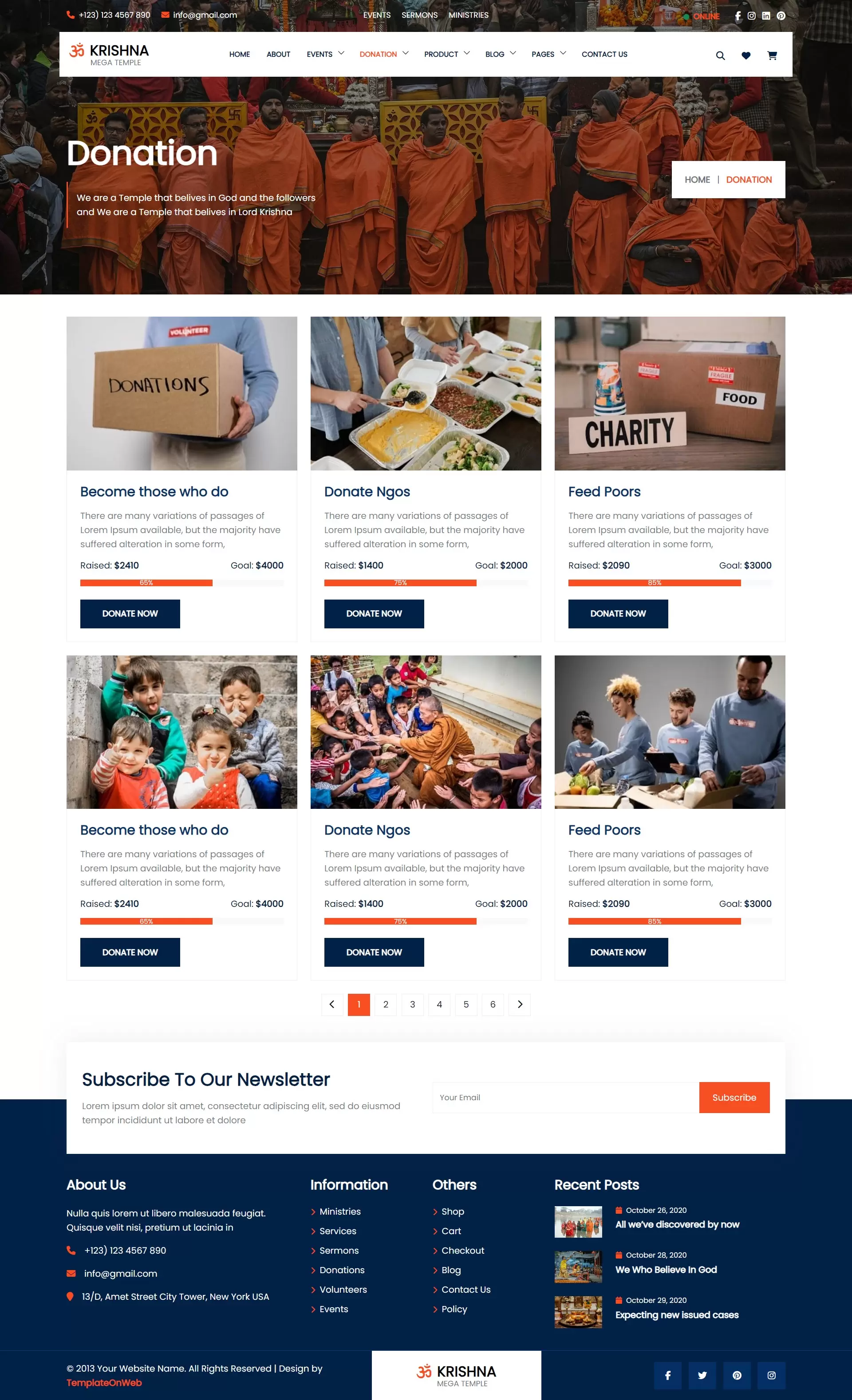 Hindu temple wordpress theme donation categories page
