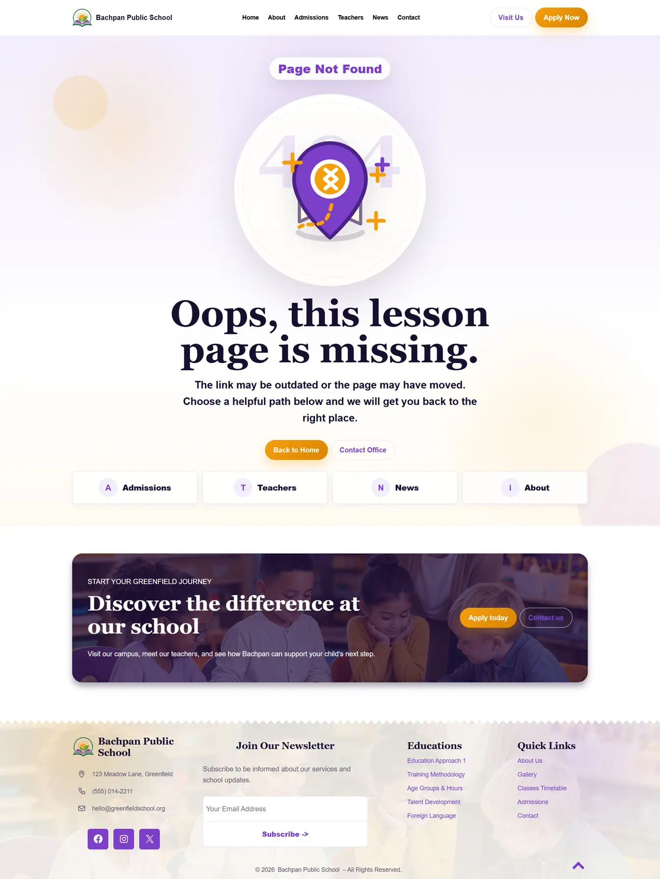 Custom 404 page design in Bachpan School WordPress theme