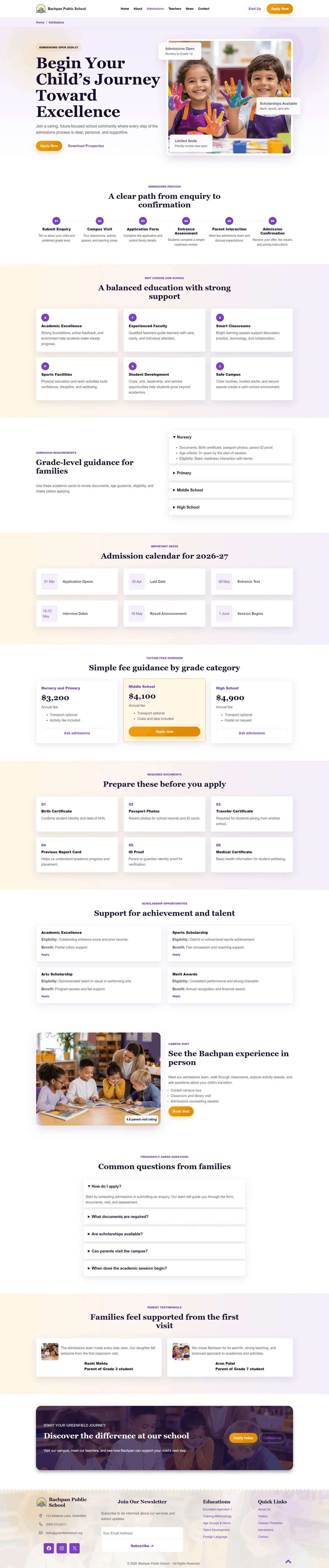 Admissions page layout for school WordPress website