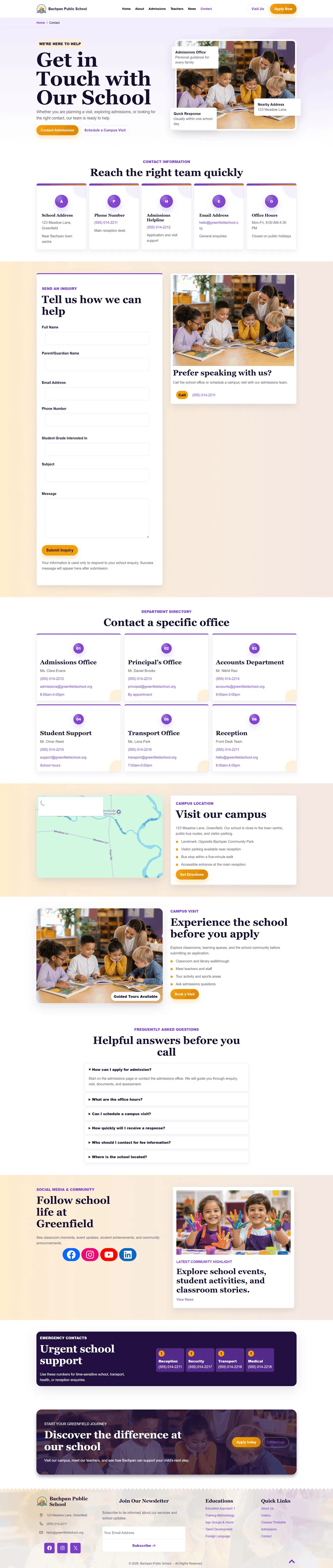 Contact page with inquiry form in Bachpan School WordPress theme