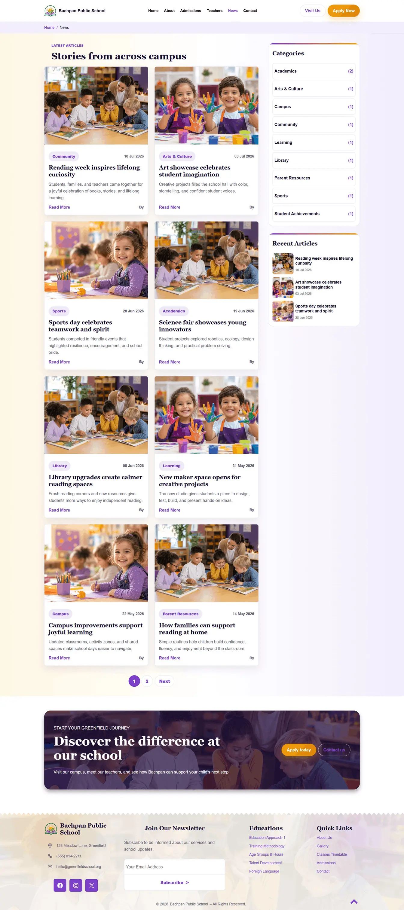 School news and blog listing page in Bachpan School WordPress theme