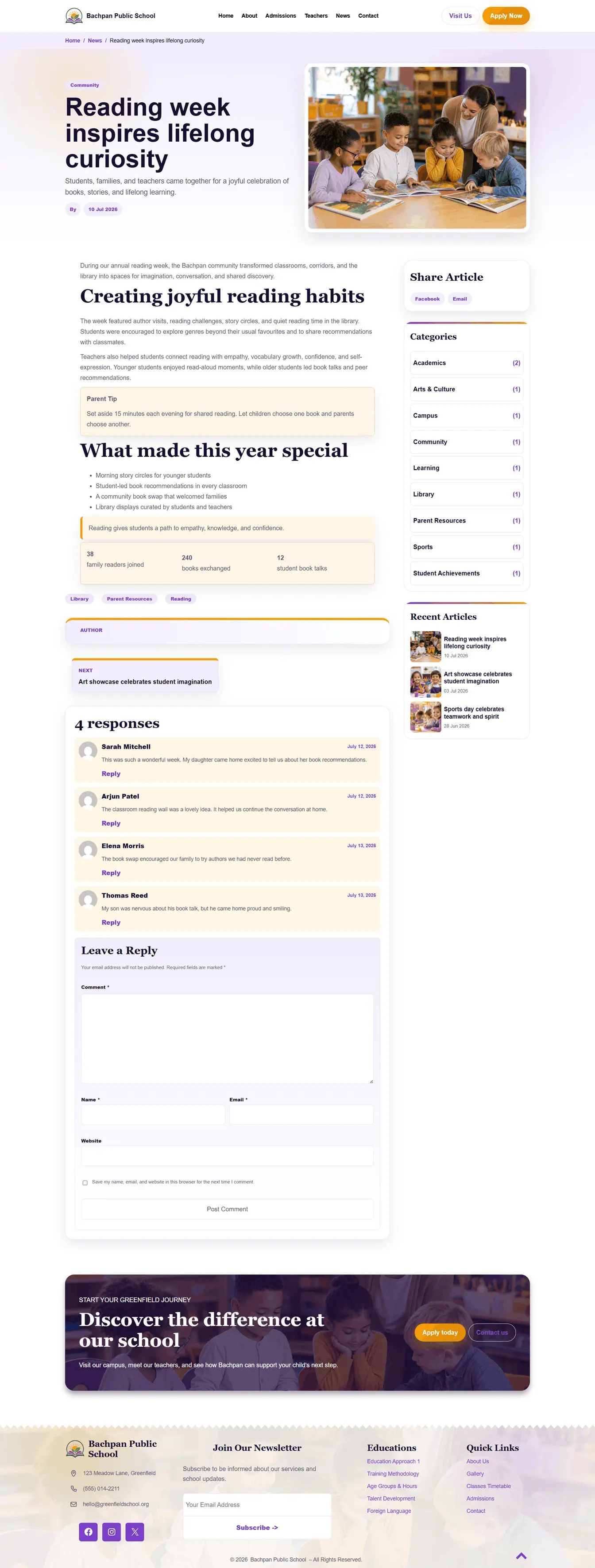 Single news article template for school website