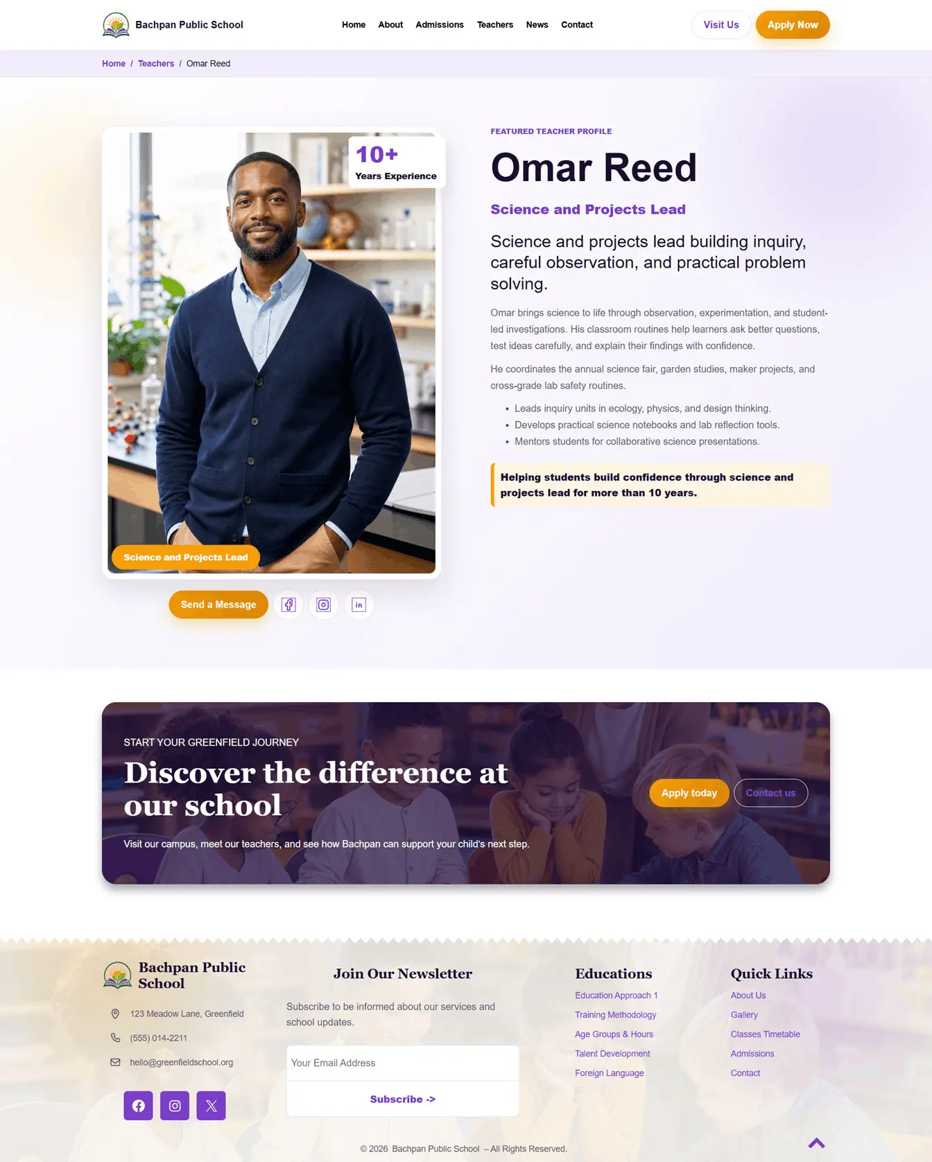 Teacher profile page design in Bachpan School WordPress theme