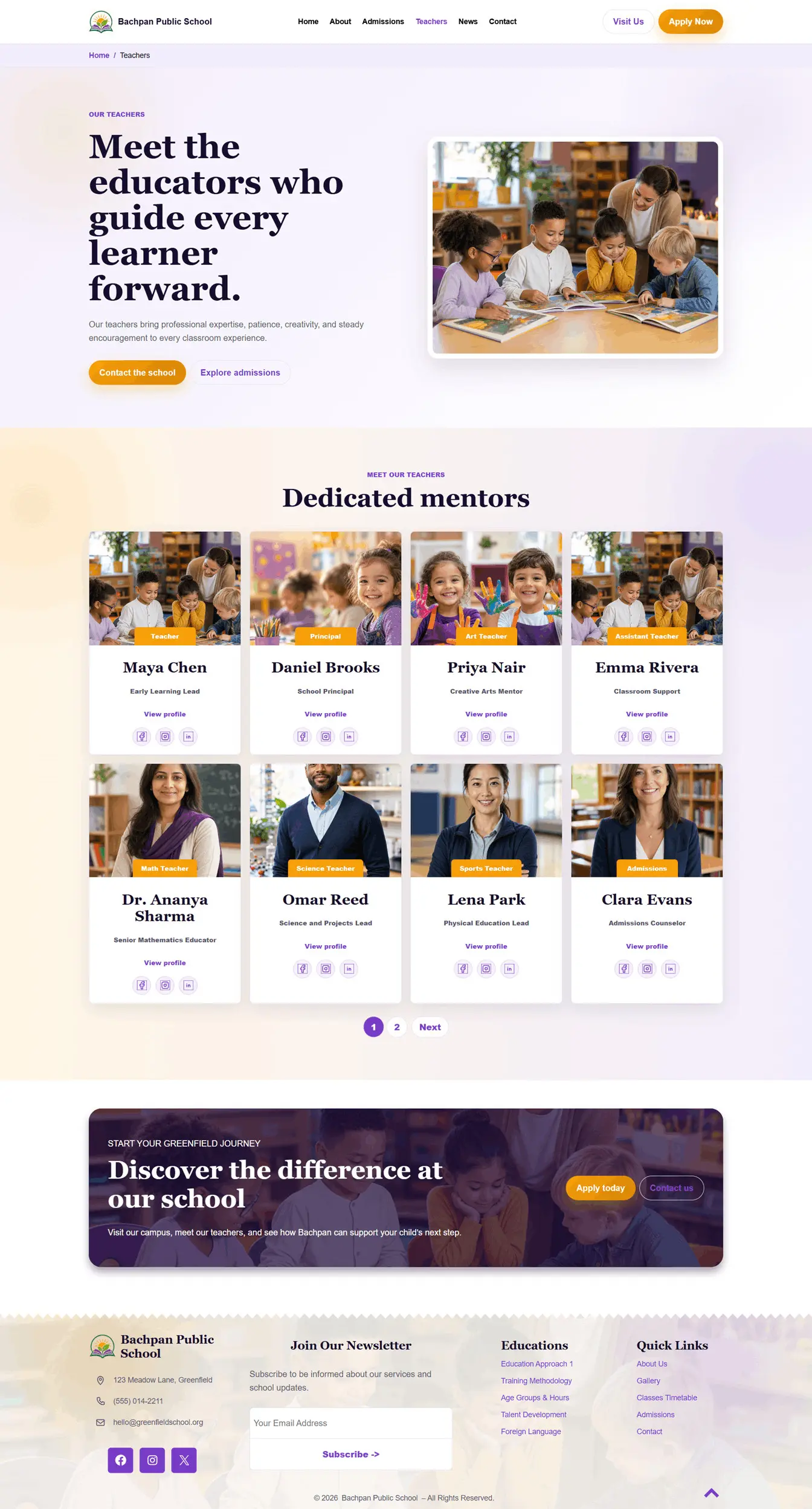 Teachers listing page template in Bachpan School education theme